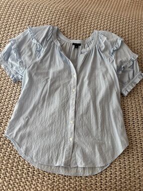 Ann Taylor Light Blue Ruffle Sleeve Button-Front Top